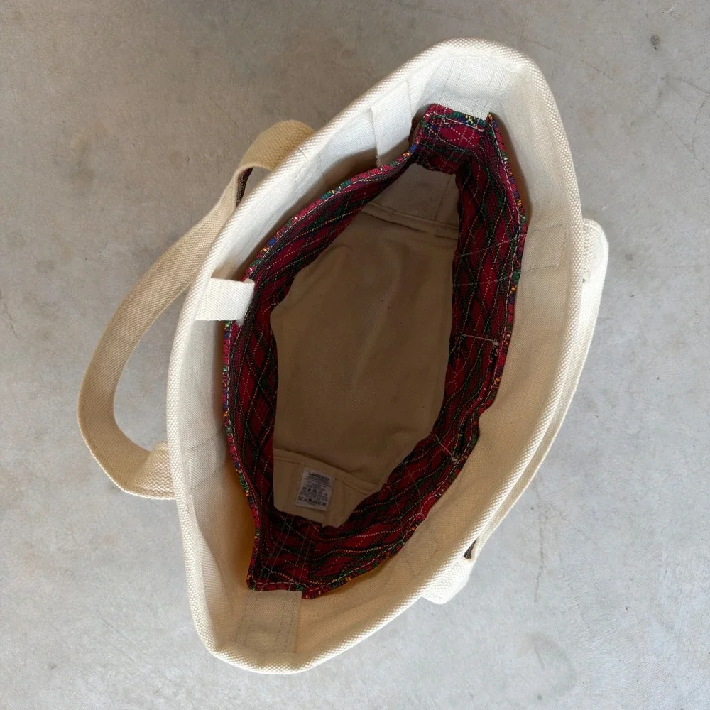 Lands End Canvas Tote Bag Cream Red Plaid Tartan Holiday Medium Open Top